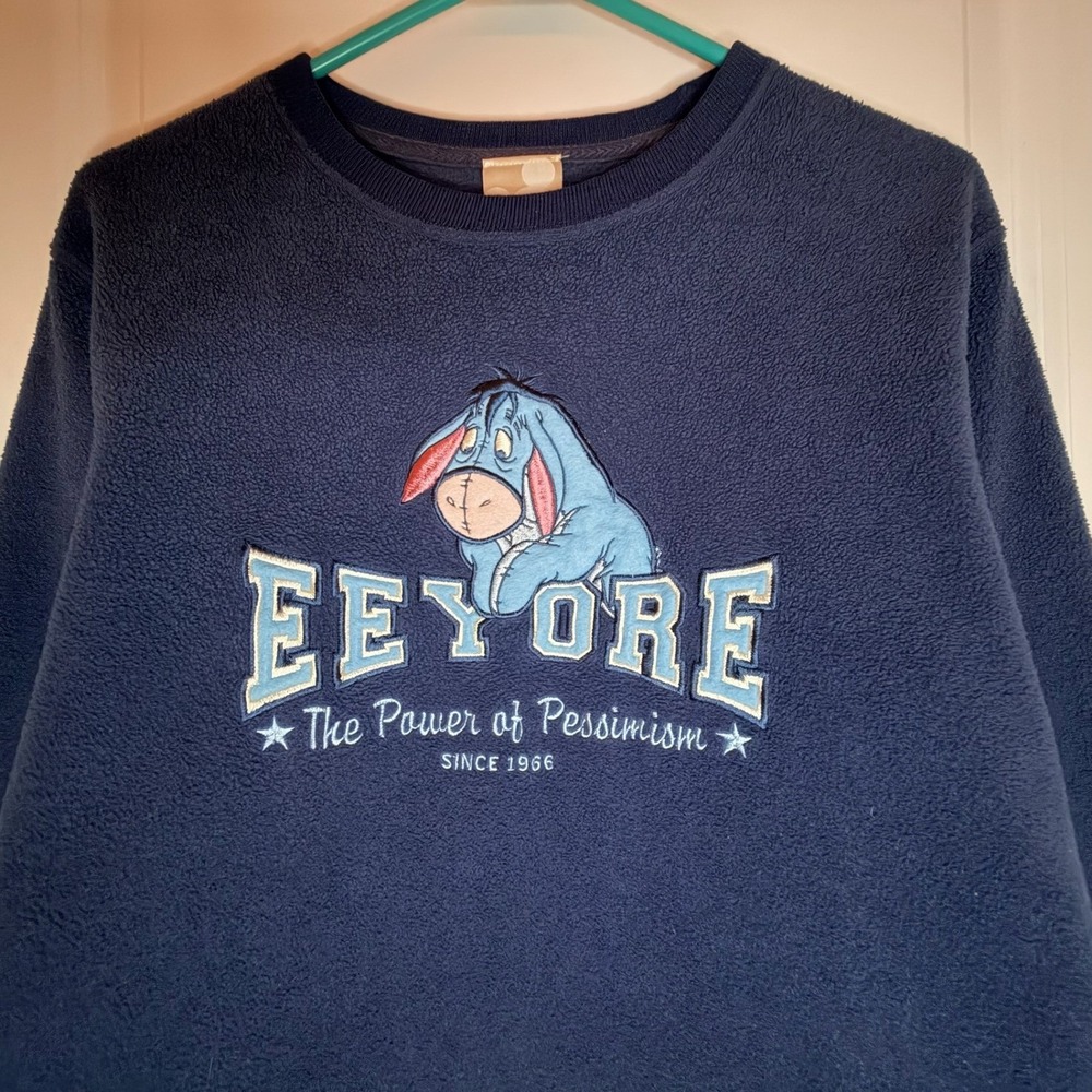 Vintage Disney Store Eeyore Fleece Sweatshirt Navy Blue Power of Pessimism Small